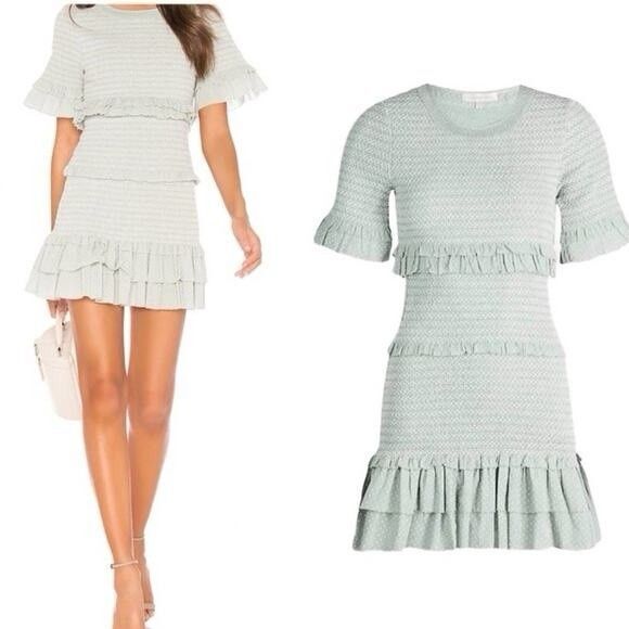 NWOT LoveShackFancy Aveline Size S Ruffled Dot Dress Smocked Bell Sleeve Green - Picture 1 of 13